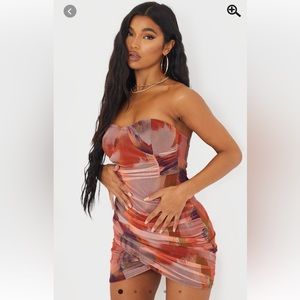 PrettyLittleThing Orange Abstract Ruched Bodycon Dress